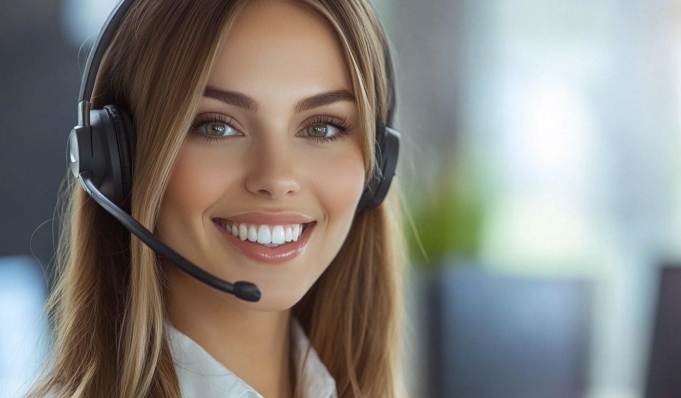 A beautiful caucasian woman wearing a headset is smiling and works in customer service --ar 16:9 --v 6.1 Job ID: 4dcc332f-d58b-4cf7-8f4f-9e4120583a67